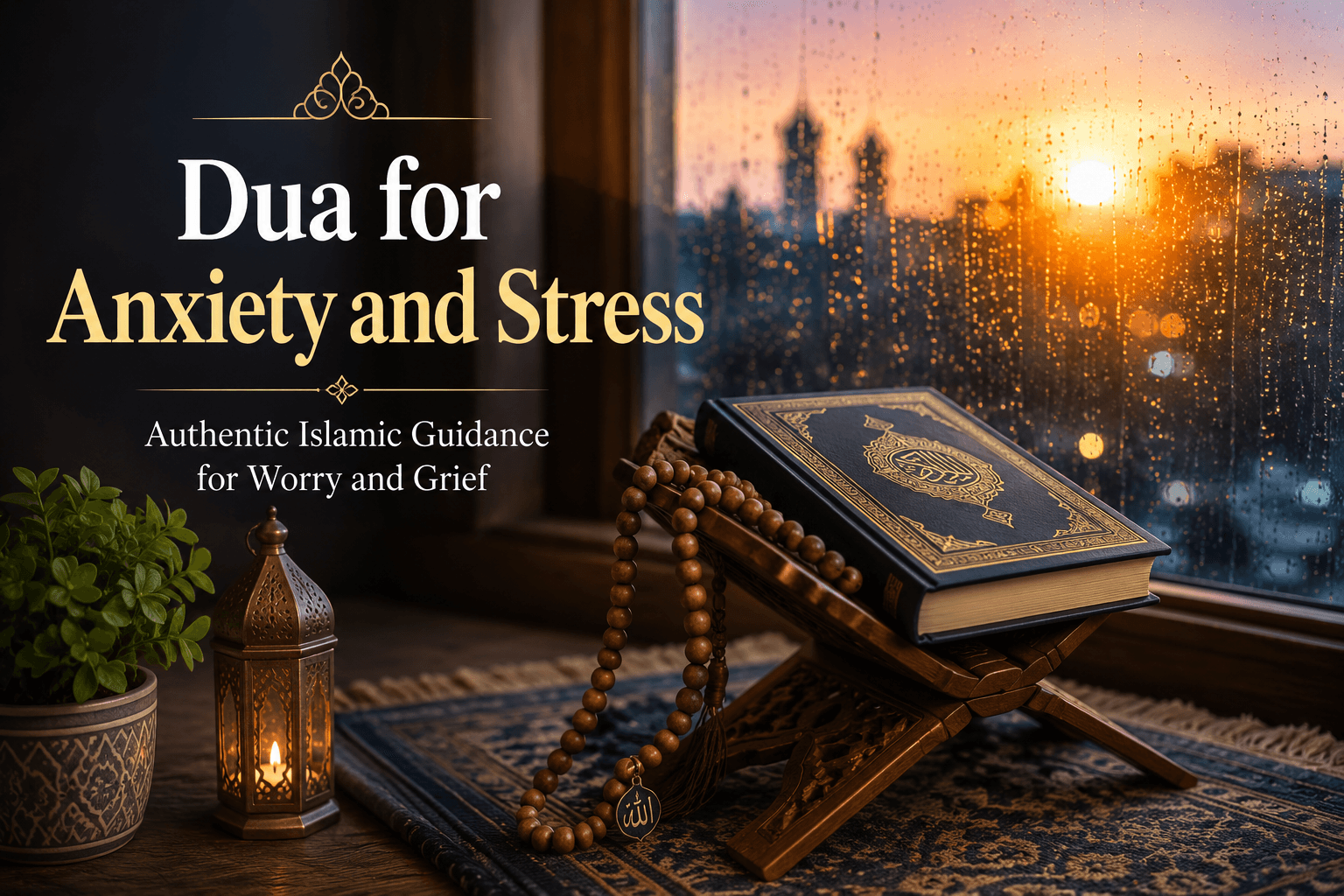 Prayer beads beside a closed Quran on a wooden stand near a rain-covered window